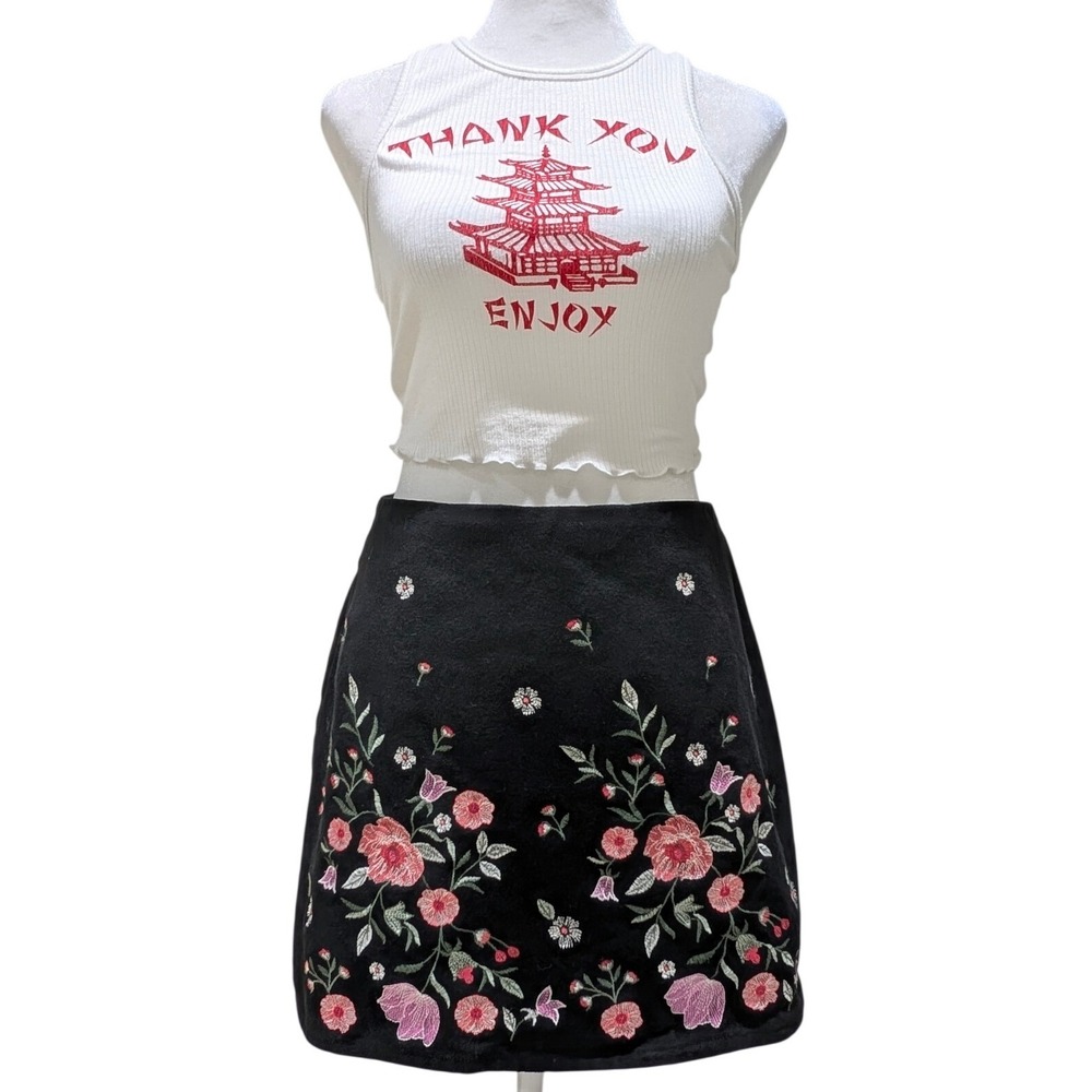 mi ami Black Embroidered Floral A Line Mini Skirt Small Cottagecore Boho Fairy S